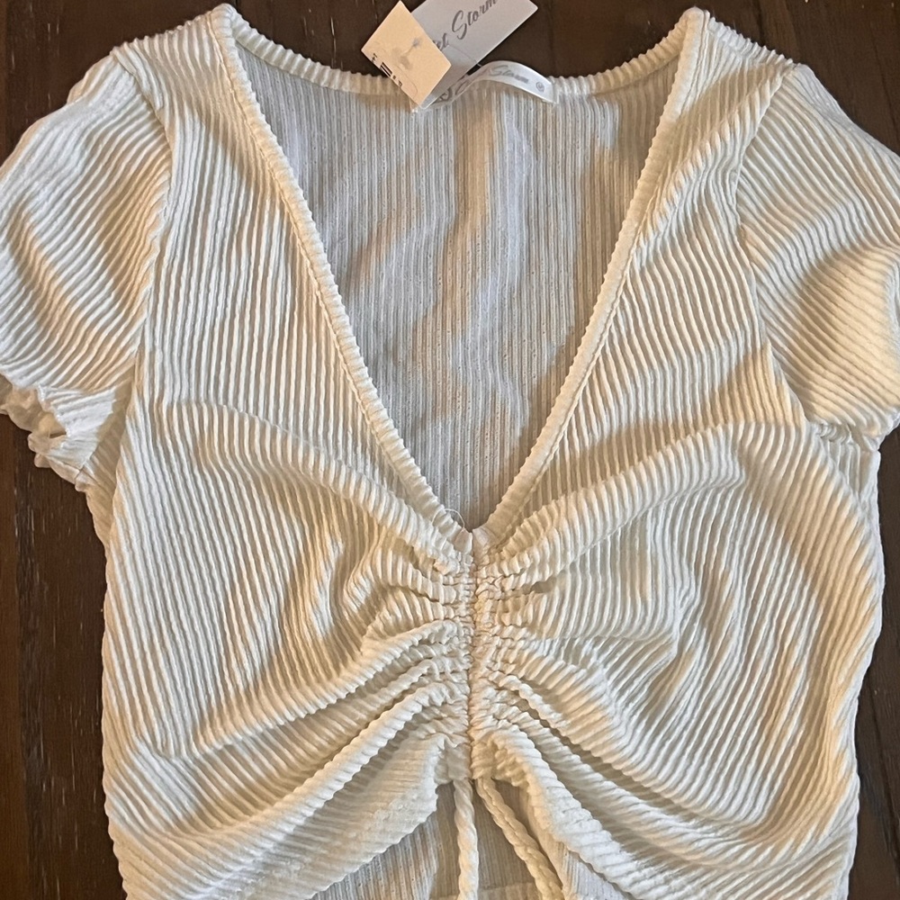 Cream Ribbed Ruched Blouse